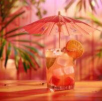 ai généré cocktail et fruit boisson en dessous de un parapluie sur en bois table photo