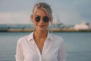 ai généré une femme dans une blanc chemise et des lunettes de soleil est par le l'eau photo