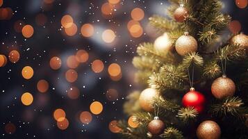 ai généré fermer de Noël arbre avec décoration. Noël arbre avec des balles et flou brillant lumières photo