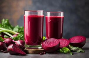 ai généré rouge betterave jus dans une verre tasse sur le en bois tableau. photo