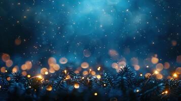 ai généré scintillement Noël lumières ensemble contre une Profond bleu toile de fond photo