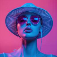 ai généré mannequin sur rose Contexte dans des lunettes de soleil, dans le bleu soir dans été chapeau photo