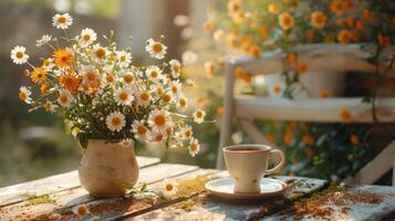 ai généré une charmant image de une café Pause dans une ensoleillé jardin, avec une tasse de Expresso et une vase de fraîchement choisi fleurs photo