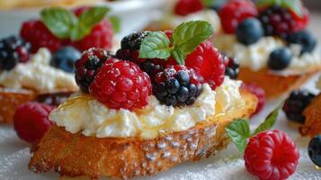 ai généré une charmant image de une petit déjeuner Bruschetta, avec grillé pain surmonté avec ricotta fromage, Miel, et Frais baies photo