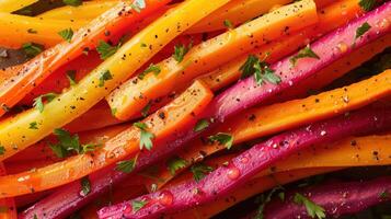 ai généré une arc en ciel carotte salade, avec une mélanger de orange, violet, et Jaune carottes, rasé dans rubans et habillé photo