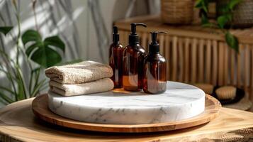 ai généré blanc marbre rond podium idéal pour affichage une baignoire des produits dans salles de bain photo