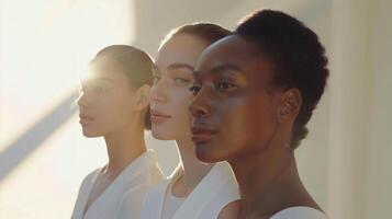 ai généré portrait de Trois femmes dans souriant à le caméra photo