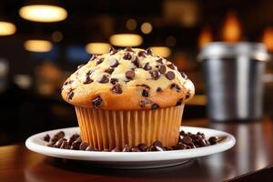 ai généré Frais muffin est servi à le cuisine table professionnel La publicité nourriture la photographie photo