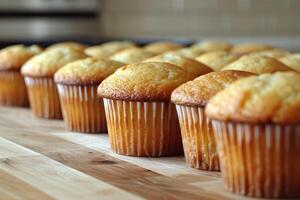 ai généré Frais muffin est servi à le cuisine table professionnel La publicité nourriture la photographie photo