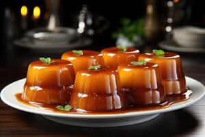 ai généré une Flan sur une assiette avec sur Haut cuisine table professionnel La publicité nourriture la photographie photo