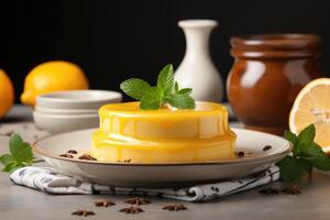 ai généré une Flan sur une assiette avec sur Haut cuisine table professionnel La publicité nourriture la photographie photo