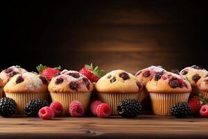 ai généré Frais muffin est servi à le cuisine table professionnel La publicité nourriture la photographie photo