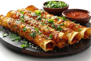 ai généré enchiladas mexicain nourriture dans le cuisine table professionnel La publicité nourriture la photographie photo