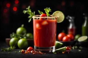 ai généré sanglant Marie cocktail avec tomate, citron vert et coriandre sur foncé Contexte. commercial promotionnel photo