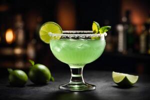 ai généré classique Margarita cocktail avec chaux, menthe et la glace sur foncé Contexte. commercial promotionnel photo