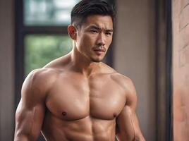 ai généré en sueur et bronzer muscle asiatique gars torse nu posant portrait dans une bâtiment concept photo