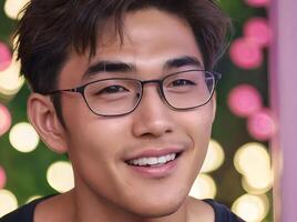 ai généré bien à la recherche asiatique gars souriant et portant des lunettes dans un un événement portrait photo