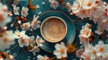 ai généré une café tasse entouré par épanouissement Cerise fleurs, capturer le essence de printemps photo