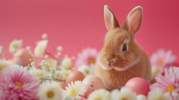 ai généré mignonne mangeur Naturel Contexte avec des œufs et lapin et copie espace pour texte photo