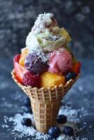 ai généré une gaufre cône rempli avec boules de coloré sorbet, surmonté avec Frais fruit et une saupoudrer de noix de coco photo