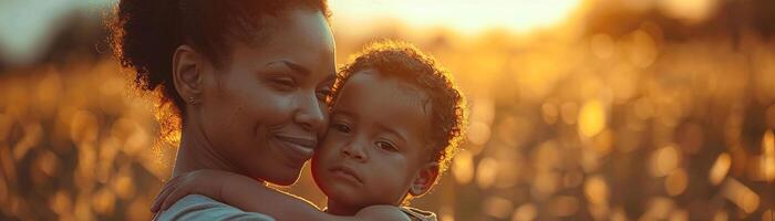 ai généré une soumissionner moment capturé entre une mère et sa Jeune enfant dans le chaud lueur de le coucher du soleil dans une champ photo