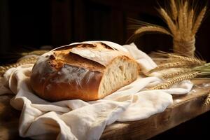 ai généré fraîchement cuit rustique pain sur une serviette de table sur une en bois Contexte photo