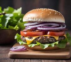 ai généré fermer de une Hamburger avec sésame la graine chignon, laitue, tomates, rouge oignons, bacon, et une du boeuf petit pâté sur une en bois surface avec salade feuilles dans le Contexte photo