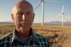 ai généré Sénior homme avec vent turbines à le coucher du soleil photo