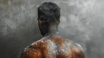 ai généré homme permanent dans de face de Feu et l'eau Fontaine photo