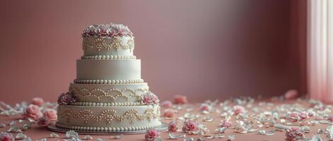 ai généré Trois échelonné gâteau sur table photo