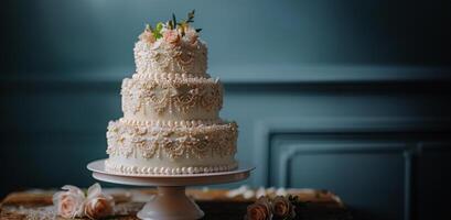 ai généré Trois échelonné gâteau sur table photo