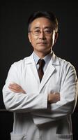 ai généré portrait de asiatique Masculin confident scientifique dans blanc manteau permanent avec bras franchi photo