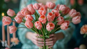 ai généré femme en portant bol de rouge tulipes photo