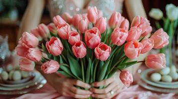 ai généré femme en portant bol de rouge tulipes photo