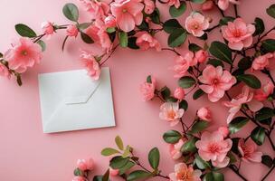 ai généré blanc enveloppe entouré par rose fleurs sur rose Contexte photo