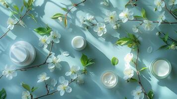 ai généré un élégant réglage mettant en valeur faciale cosmétique des produits, feuilles, et Cerise fleurs sur une bleu bureau photo