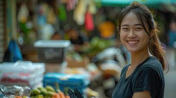 ai généré amical marché vendeur avec brillant sourire photo