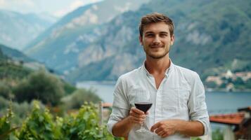 ai généré une Beau Jeune homme des stands contre une Contexte de montagnes dans une blanc chemise et regards à le caméra souriant photo