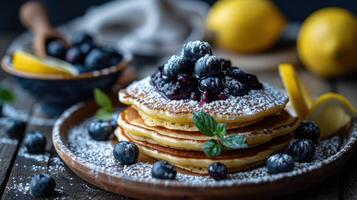 ai généré de citron ricotta Crêpes, surmonté avec myrtille compote et une saupoudrage de en poudre sucre photo