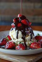 ai généré une tentant photo de une scoop de crémeux vanille la glace crème, surmonté avec Frais des fraises et une bruine de Chocolat sauce