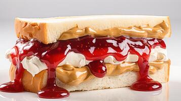 ai généré une délicieux image de une cacahuète beurre et gelée sandwich, avec crémeux cacahuète beurre et sucré gelée sur doux, blanc pain photo