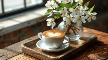 ai généré une café tasse avec une en forme de coeur mousse, servi sur une en bois plateau avec une vase de printemps fleurit photo