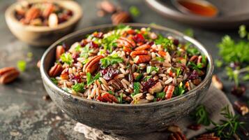 ai généré une sauvage riz salade, avec noisette sauvage riz, sucré séché canneberges, croquant noix de pécan, et Frais herbes photo