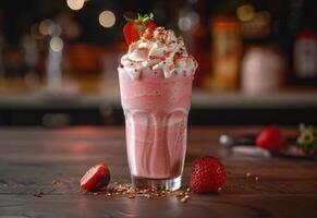 ai généré une fraise Milk-shake, surmonté avec fouetté crème et une Frais fraise sur le jante de le verre photo