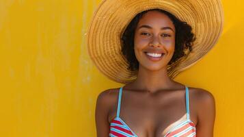 ai généré une joyeux, Jeune femme avec une svelte physique est portant une rayé rouge et bleu une pièce maillot de bain photo