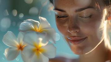 ai généré une portrait avec une Jeune magnifique femme dans une spa paramètre, avec une flou visage et le concentrer sur une fleur photo