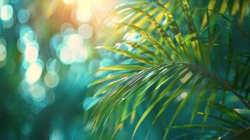 ai généré magnifique flou vert paume feuilles contre une tropical plage toile de fond photo