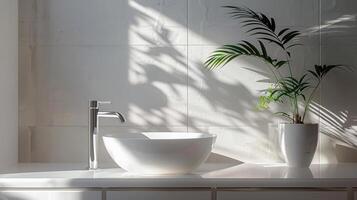 ai généré un inoccupé blanc vanité compteur avec une céramique lavabo et une style moderne robinet dans une salle de bains photo