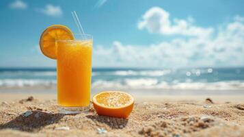 ai généré Frais Orange jus, des fruits sur le sable avec bleu ciel arrière-plan, été concept photo