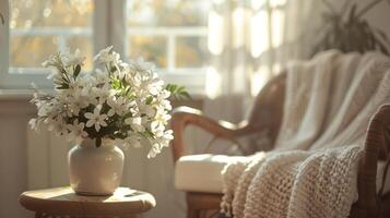 ai généré dans une moderne maisons vivant chambre, une vase de charmant blanc fleurs est assis sur une table suivant à une confortable chaise par le fenêtre photo